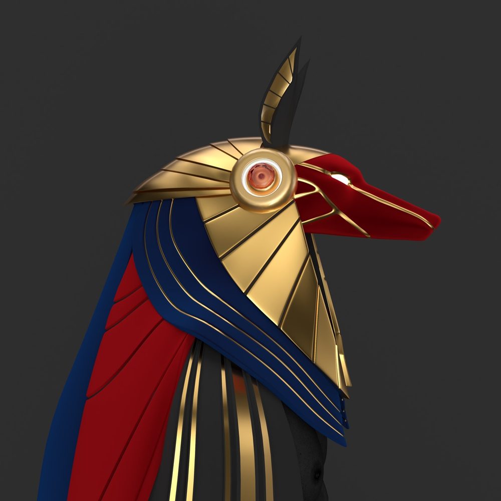 A gold, red and blue Anubis helmet on a dark ground