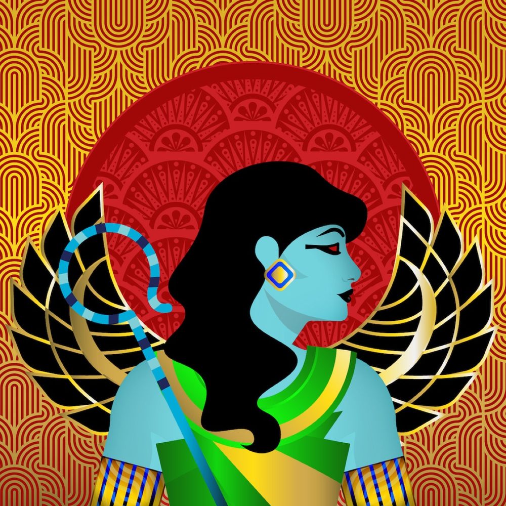 A blue goddess in profile with a red sun behind her