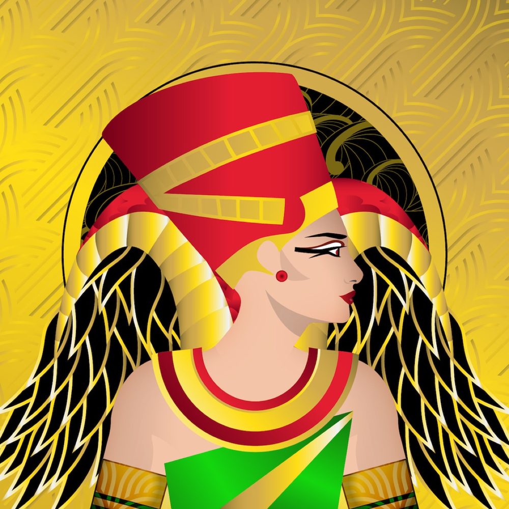A winged queen in profile on a gold ground