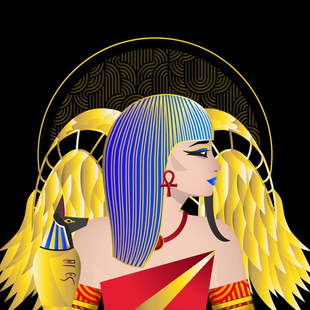 A winged figure with a blue headdress and ankh