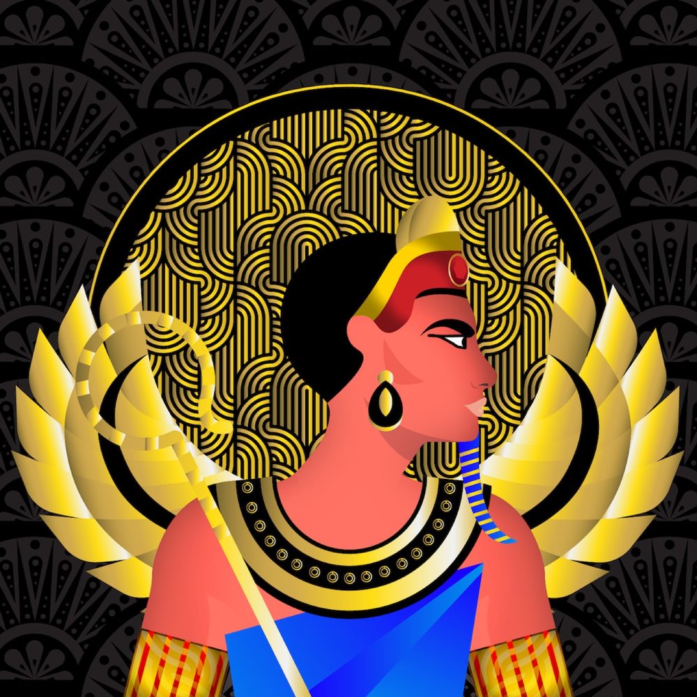 A figure with a crook, framed by gold wings