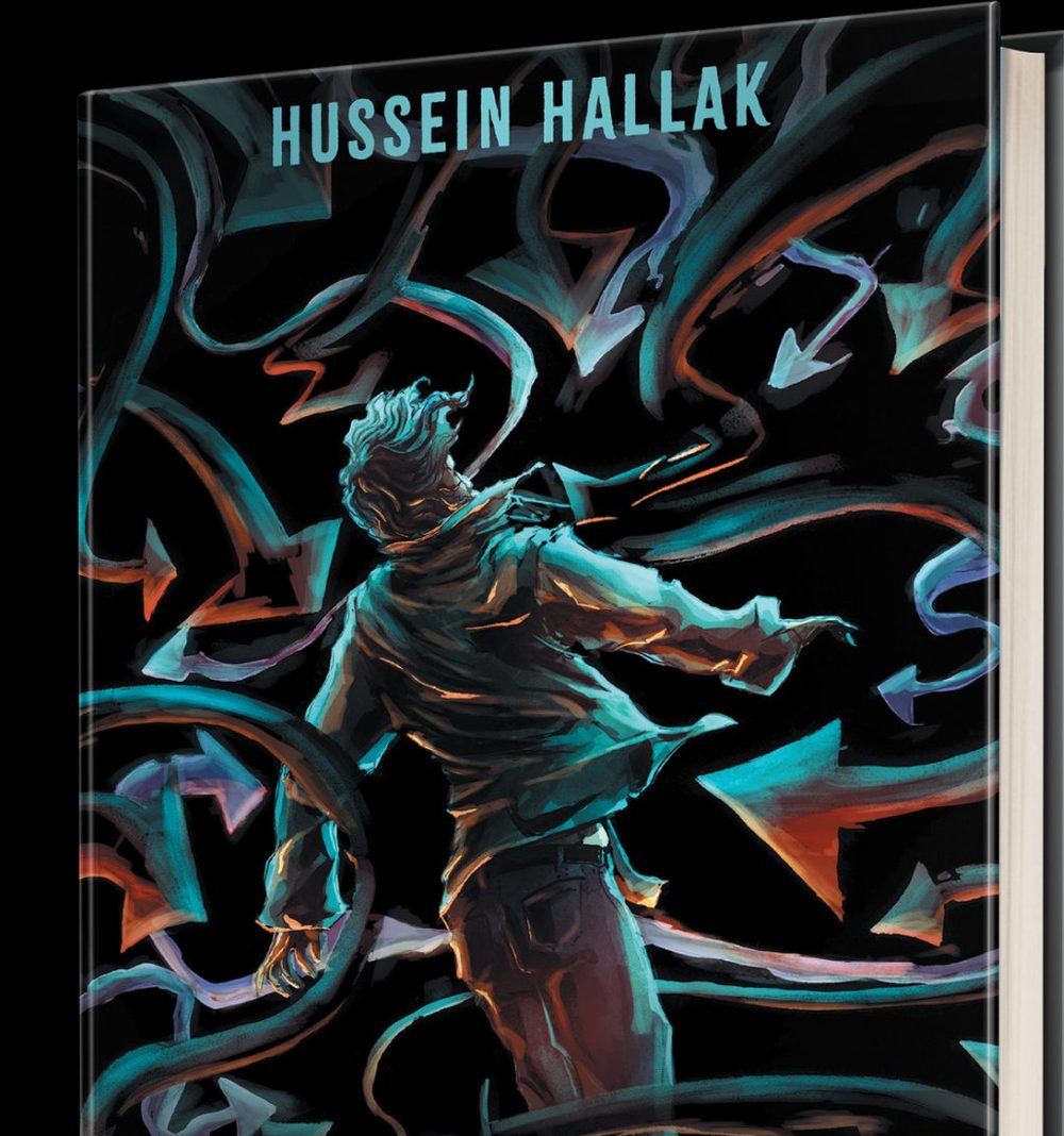 Teal and blue line art of a figure in motion on a black ground