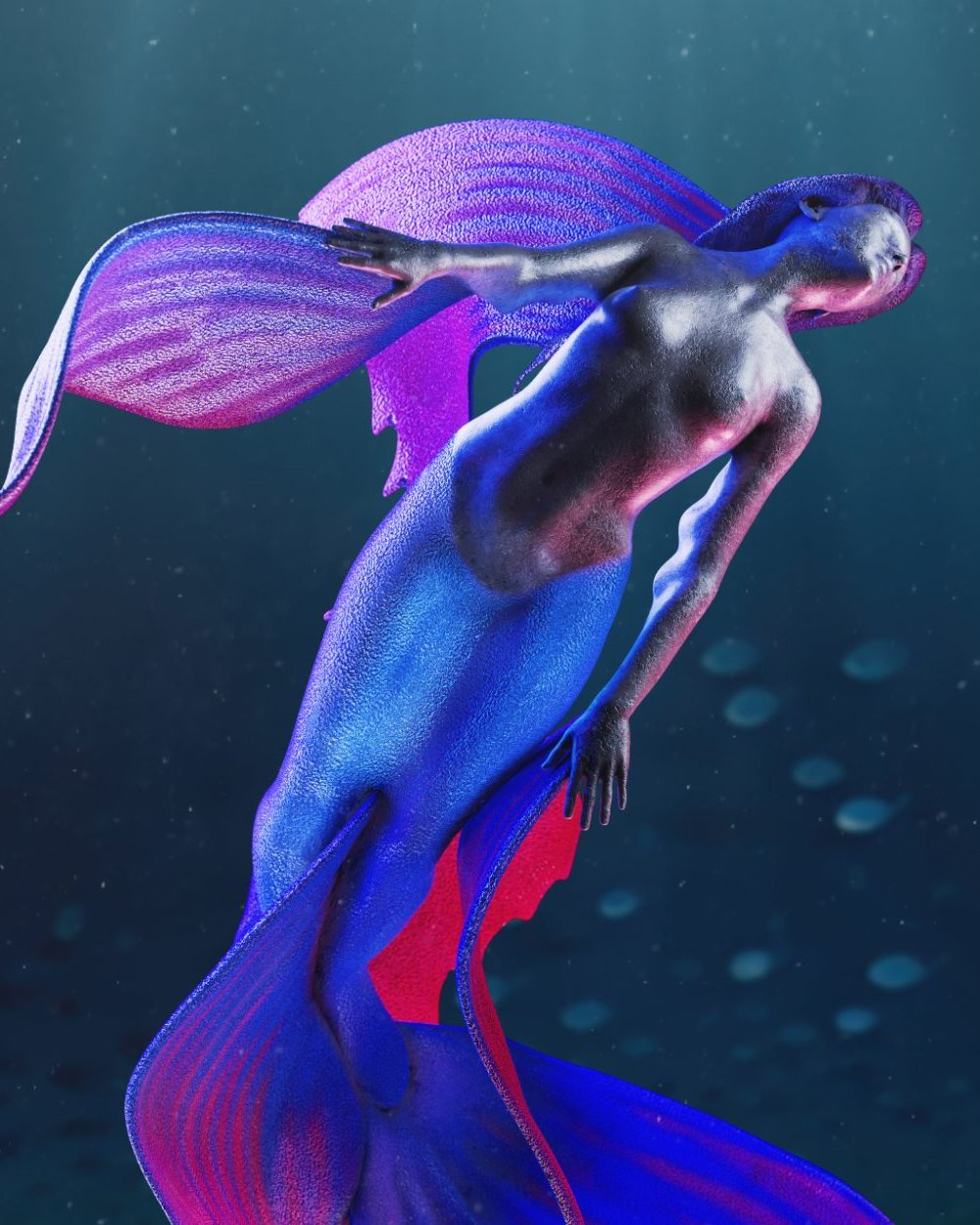 A figure with a violet and magenta tail rising through water