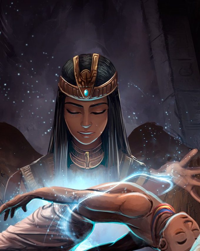 A figure with a gold and blue crown, eyes closed, wings spread behind