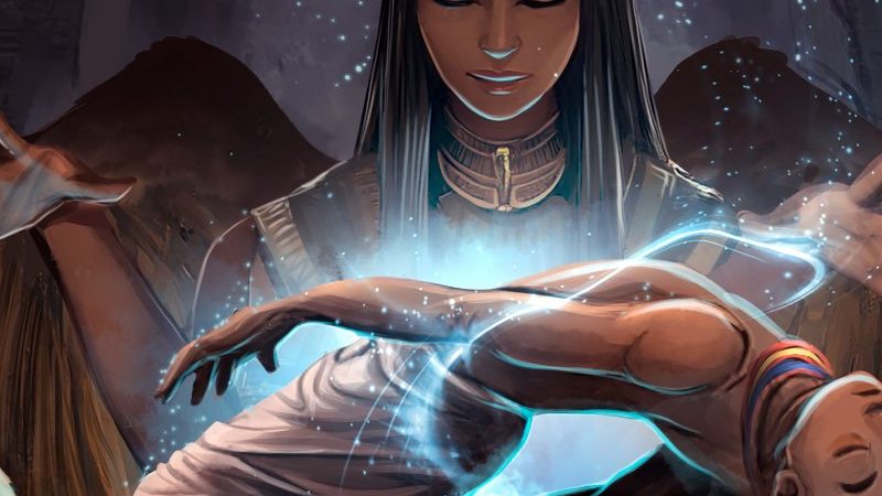 Blue light and sparks held between two outstretched hands and brown wings